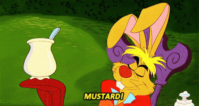 A Cartoon Of A Rabbit Saying Mustard With A Cup In The Background GIF