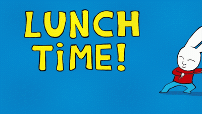A Cartoon Of A Rabbit Standing Next To A Lunch Time Sign GIF