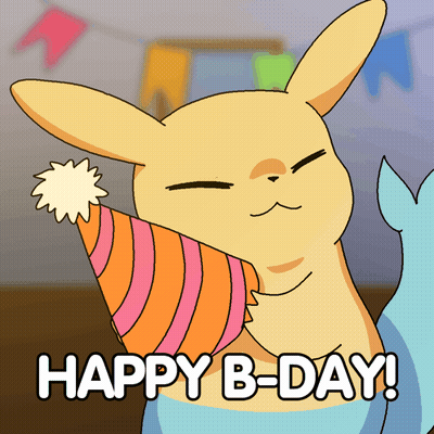 A Cartoon Of A Rabbit Wearing A Party Hat That Says " Happy B-Day " GIF