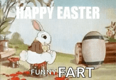 A Cartoon Of A Rabbit With Blood On Its Feet And The Words `` Happy Easter Funny Fart '' Written On It . GIF