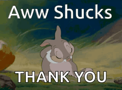 A Cartoon Of A Rabbit With The Words " Aww Shucks Thank You " Below It GIF