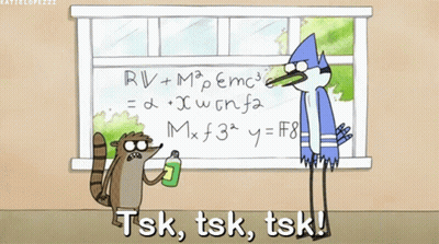 A Cartoon Of A Raccoon And A Blue Bird Standing In Front Of A White Board That Says Tsk GIF