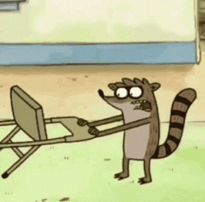 A Cartoon Of A Raccoon Holding A Chair In His Hands . GIF