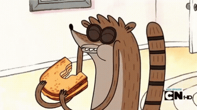A Cartoon Of A Raccoon Holding A Sandwich With The Cn Logo On The Bottom GIF