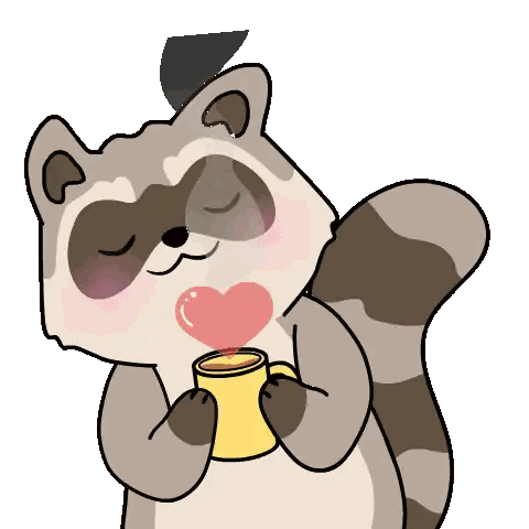 A Cartoon Of A Raccoon Holding A Yellow Cup With A Heart In Its Mouth Sticker