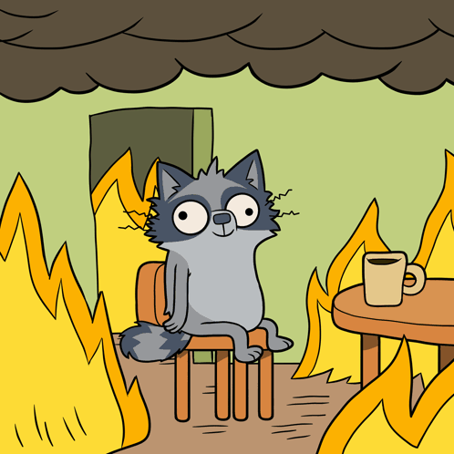A Cartoon Of A Raccoon Sitting In Front Of A Table With A Cup Of Coffee GIF