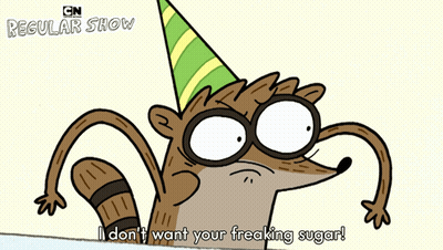 A Cartoon Of A Raccoon Wearing A Party Hat Says " I Don 'T Want Your Freaking Sugar " GIF