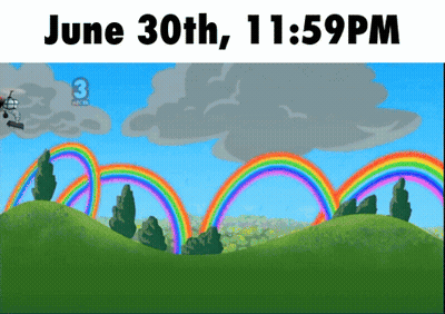 A Cartoon Of A Rainbow With The Date June 30Th At 11:59 Pm GIF