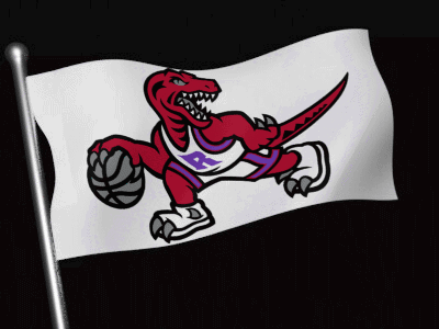 A Cartoon Of A Raptor Holding A Basketball On A Flag GIF