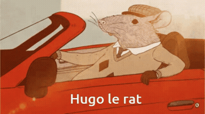 A Cartoon Of A Rat Driving A Red Car With The Words Hugo Le Rat Below Him GIF