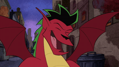 A Cartoon Of A Red And Yellow Dragon Sleeping In A Dumpster GIF