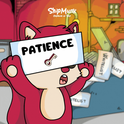 A Cartoon Of A Red Cat Holding A Sign That Says Patience GIF