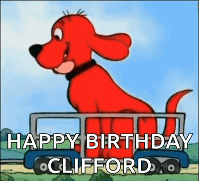 A Cartoon Of A Red Dog Driving A Bus With The Words Happy Birthday Clifford GIF