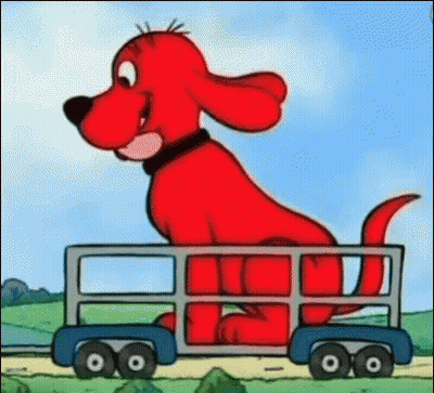 A Cartoon Of A Red Dog Riding In A Trailer . GIF