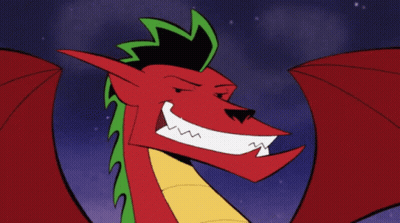 A Cartoon Of A Red Dragon With Green Hair And Yellow Arms GIF