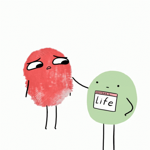 A Cartoon Of A Red Fingerprint And A Green Circle With A Name Tag That Says Life GIF