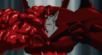A Cartoon Of A Red Monster With Horns And Muscles . GIF