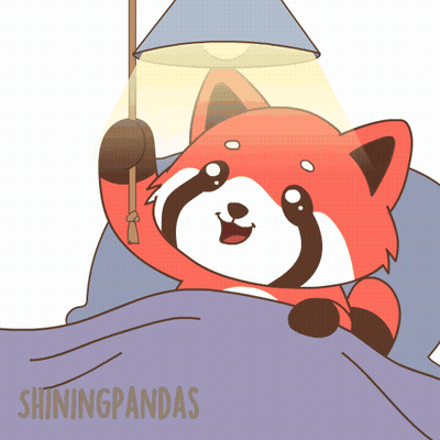 A Cartoon Of A Red Panda Laying In Bed With A Lamp Shining On It GIF