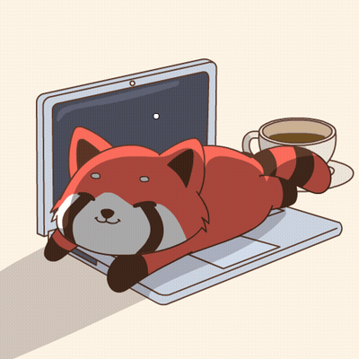 A Cartoon Of A Red Panda Laying On Top Of A Laptop Next To A Cup Of Coffee GIF