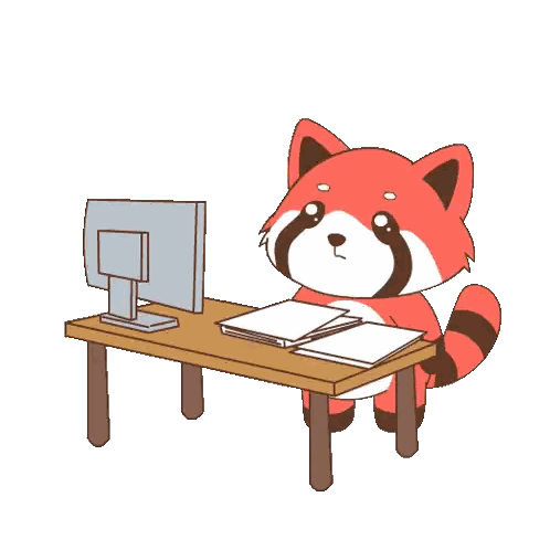 A Cartoon Of A Red Panda Sitting At A Desk Looking At A Computer Screen Sticker