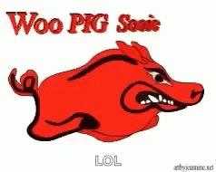 A Cartoon Of A Red Pig With The Words Woo Pig Sonic Lol On The Bottom GIF