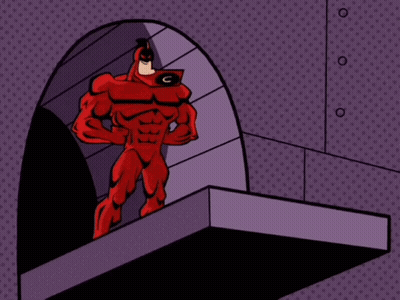 A Cartoon Of A Red Superhero Standing On A Balcony With The Word Wrong Below Him GIF