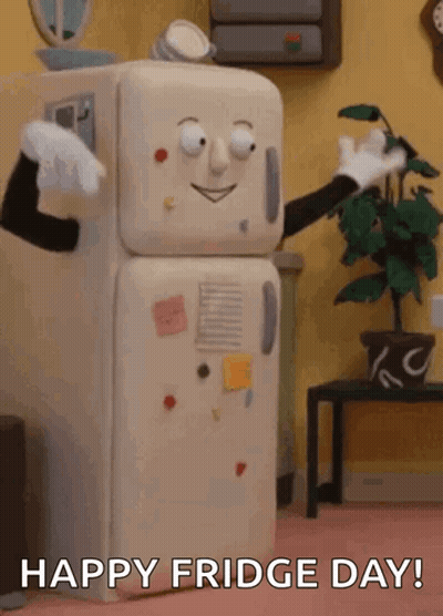 A Cartoon Of A Refrigerator With A Face And Arms Says Happy Fridge Day ! GIF