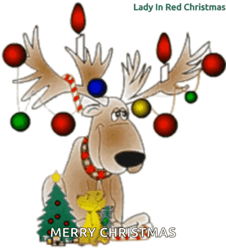 A Cartoon Of A Reindeer With Candles On Its Antlers And The Words Merry Christmas Below It GIF