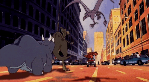 A Cartoon Of A Rhino And A Dinosaur On A Street GIF