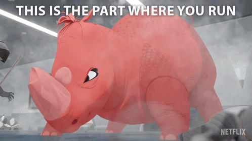 A Cartoon Of A Rhino With The Words " This Is The Part Where You Run " GIF