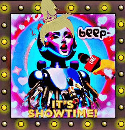 A Cartoon Of A Robot Being Interviewed By A Reporter With The Words It 'S Showtime On The Bottom GIF