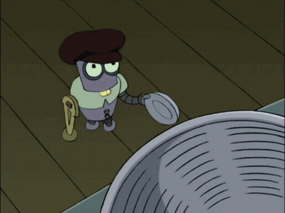 A Cartoon Of A Robot Holding A Plate And A Key GIF