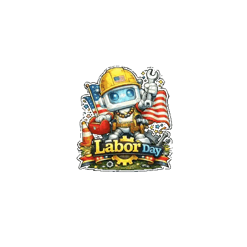 A Cartoon Of A Robot Holding A Wrench With The Words Labor Day Below Him Sticker