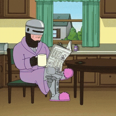 A Cartoon Of A Robot Reading A Newspaper In A Kitchen GIF