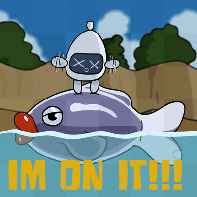 A Cartoon Of A Robot Riding On The Back Of A Fish With The Words Im On It Written Below It GIF