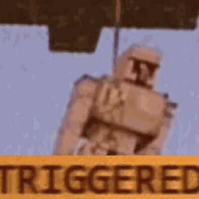 A Cartoon Of A Robot Standing Next To A Sign That Says `` Triggered '' . GIF