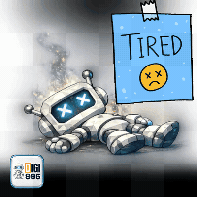 A Cartoon Of A Robot With A Sign That Says Tired On It GIF