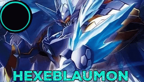 A Cartoon Of A Robot With A Sword And The Words `` Hexeblaumon '' Written Above It . GIF