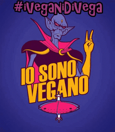 A Cartoon Of A Robot With Horns And The Words #Veganidivega Above It GIF