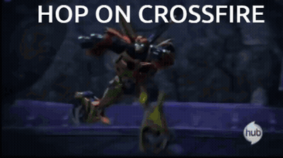 A Cartoon Of A Robot With The Words Hop On Crossfire Written Above It GIF