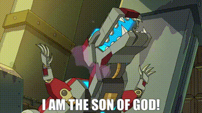 A Cartoon Of A Robot With The Words I Am The Son Of God GIF