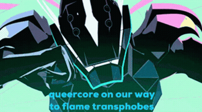 A Cartoon Of A Robot With The Words " Queercore On Our Way To Flame Transphobes " GIF