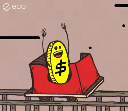 A Cartoon Of A Roller Coaster With A Dollar Coin On It GIF
