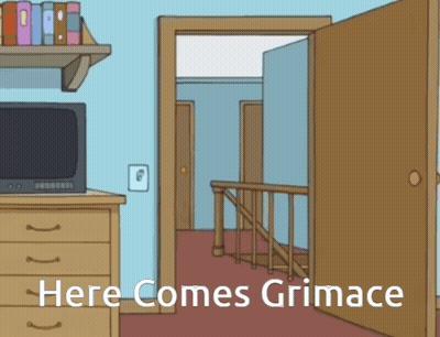 A Cartoon Of A Room With The Words Here Comes Grimace On The Bottom GIF