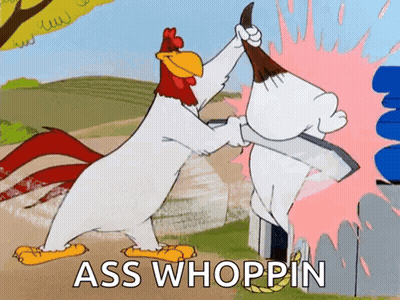A Cartoon Of A Rooster And A Rabbit Fighting With The Words Ass Whoopin On The Bottom GIF
