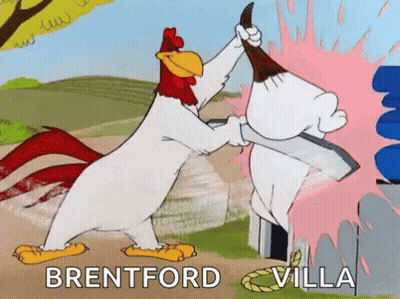 A Cartoon Of A Rooster Holding A Brush With The Words Brentford Villa On The Bottom GIF