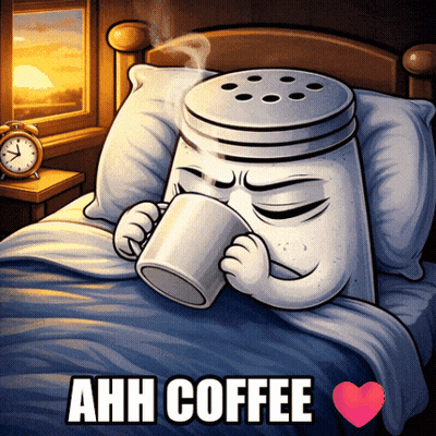 a cartoon of a salt shaker drinking a cup of coffee in bed