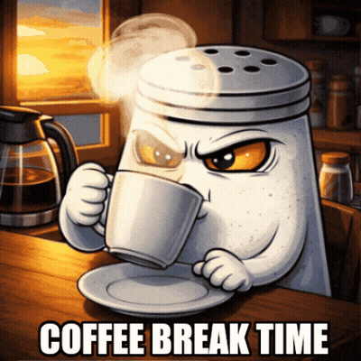 A Cartoon Of A Salt Shaker Drinking A Cup Of Coffee With The Words Coffee Break Time Below It GIF