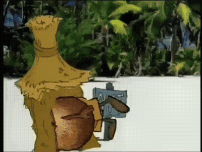 A Cartoon Of A Scarecrow Holding A Sign That Says Nest GIF