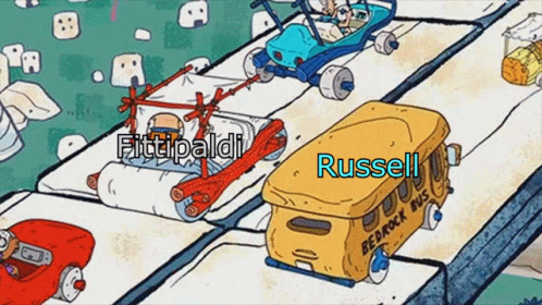 A Cartoon Of A School Bus Driving Down A Road Next To A Car . GIF